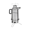 Stainless steel outdoor fire kettle with double-wall insulation, screw-on spout, and foldable stand, designed for fast boiling in camping, farm, garden, and emergency supplies collections.