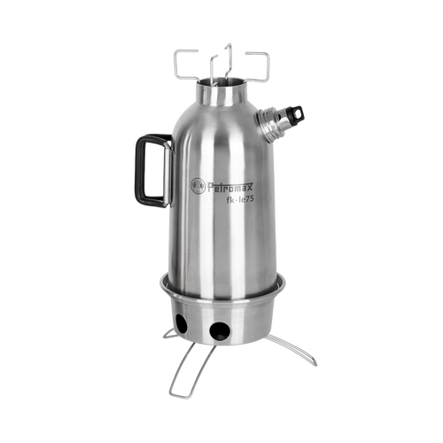 Stainless steel outdoor fire kettle with double-wall insulation, screw-on spout, and foldable stand, designed for fast boiling in camping, farm, garden, and emergency supplies collections.
