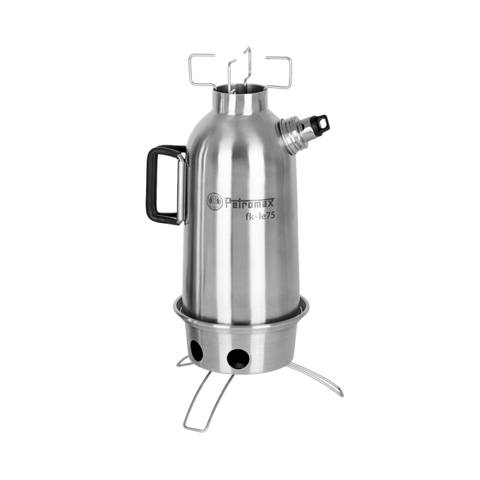 Stainless steel outdoor fire kettle with double-wall insulation, screw-on spout, and foldable stand, designed for fast boiling in camping, farm, garden, and emergency supplies collections.