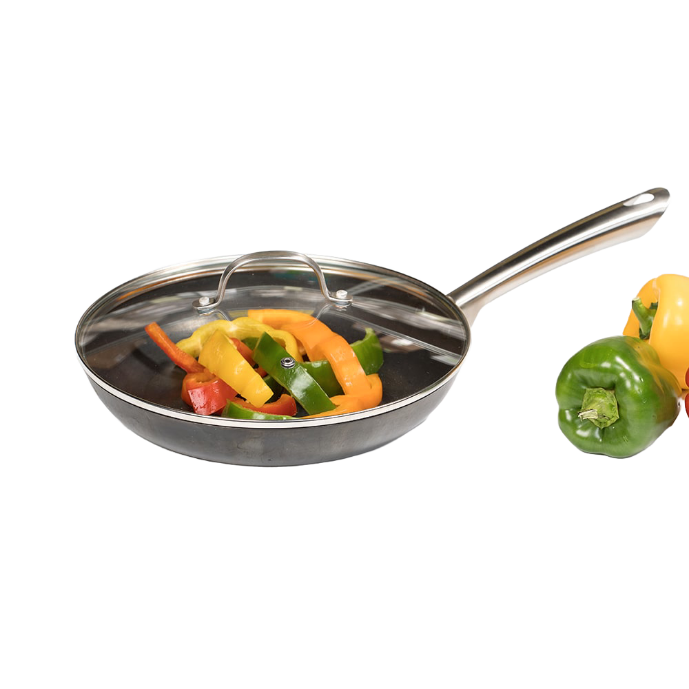 Handcrafted nitrogen hardened cast iron skillet with smooth stainless steel handle and clear lid, shown with sliced bell peppers, featured in Kitchen & Food, Cookware, and Cast Iron collections.