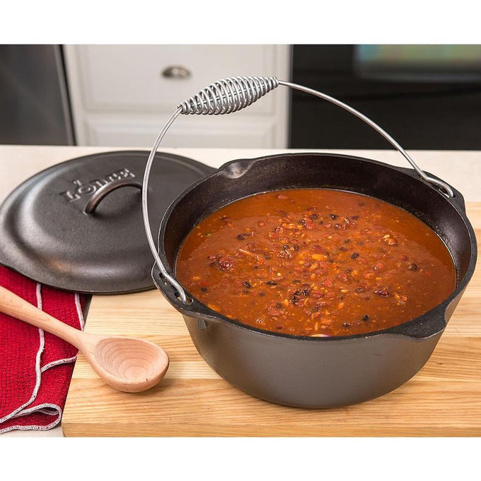 Pre-seasoned cast iron Dutch oven with spiral bail handle and self-basting lid, filled with hearty stew, for Kitchen & Food, Cookware, Cast Iron, USA Made, Best Sellers, Promo Eligible collections