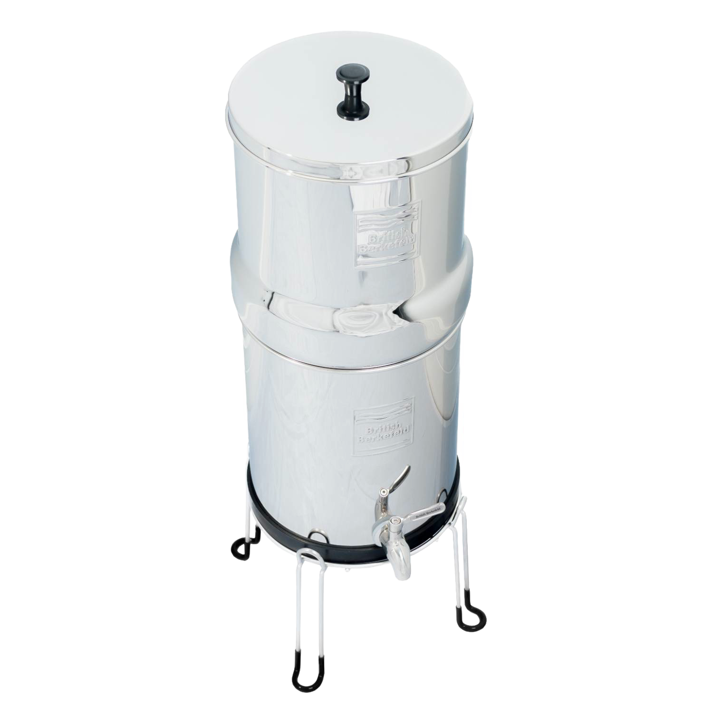 Polished stainless steel gravity water filter elevated on a sturdy stand with protective feet, designed for ease of use and durability, featured in Appliances and Emergency Supplies collections.