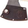 Close-up of a handcrafted high-carbon steel axe blade partially covered by a dark brown leather sheath embossed with a circular logo and secured with metal rivets, featuring Amish made craftsmanship from USA made wood cutting and hauling tools collections.