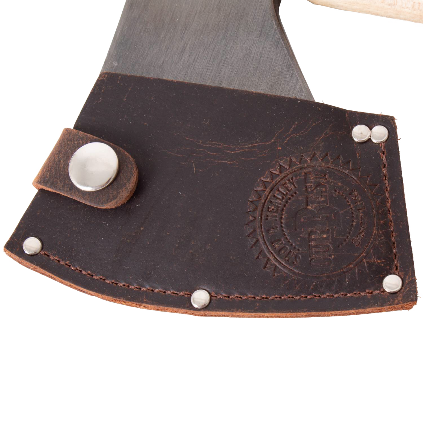 Close-up of a handcrafted high-carbon steel axe blade partially covered by a dark brown leather sheath embossed with a circular logo and secured with metal rivets, featuring Amish made craftsmanship from USA made wood cutting and hauling tools collections.