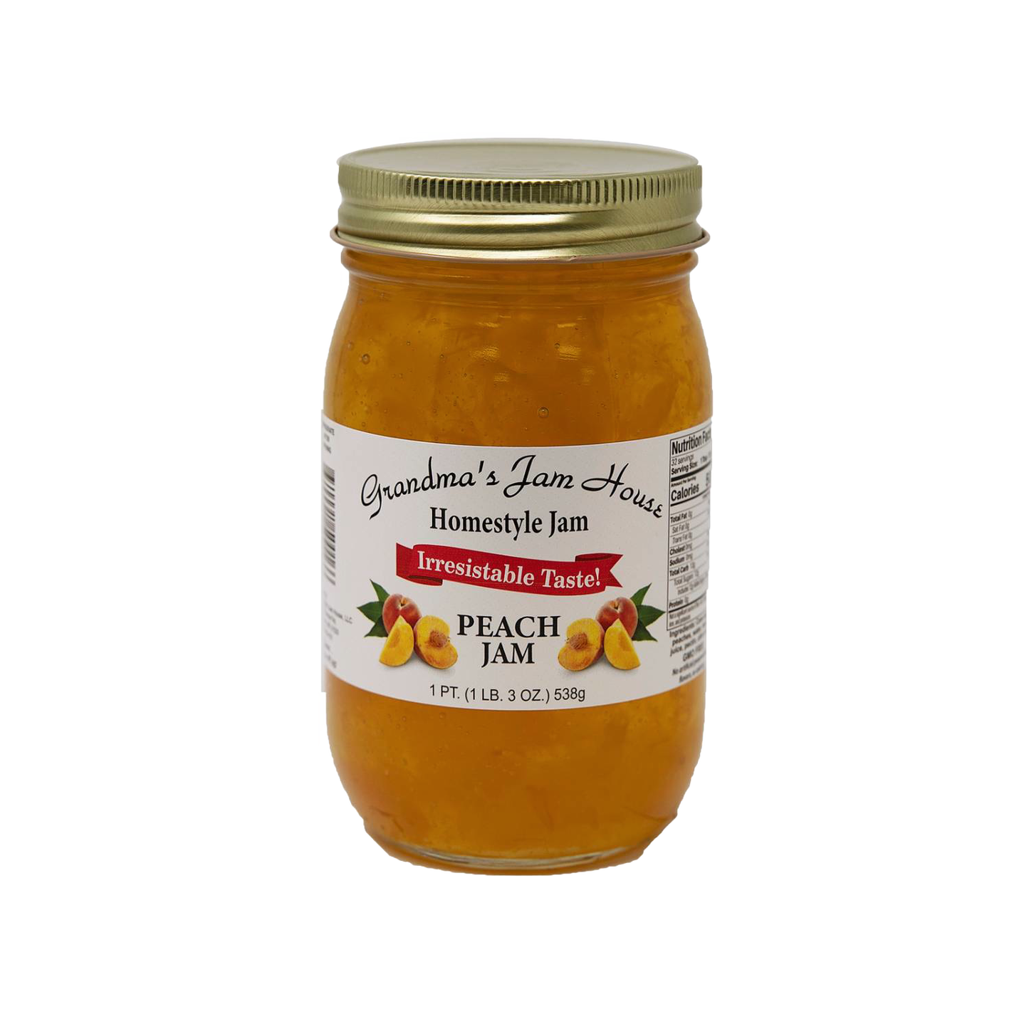 Handcrafted glass jar of peach jam with gold lid and white label featuring peach illustrations and "Irresistable Taste" banner, made in USA, perfect for Kitchen & Food, Pantry, Peanut Butter & Jellies, Best Sellers, and Promo Eligible collections.