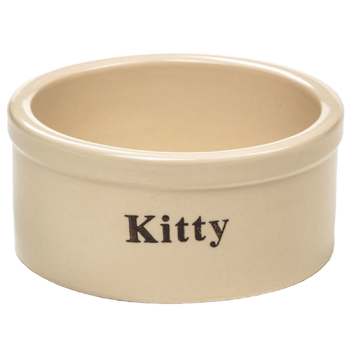 Small handcrafted natural stone-colored stoneware pet bowl with glossy lead-free glaze, marked "Kitty," perfect for Home & Decor, Pet Supplies, USA Made, and Best Sellers collections.