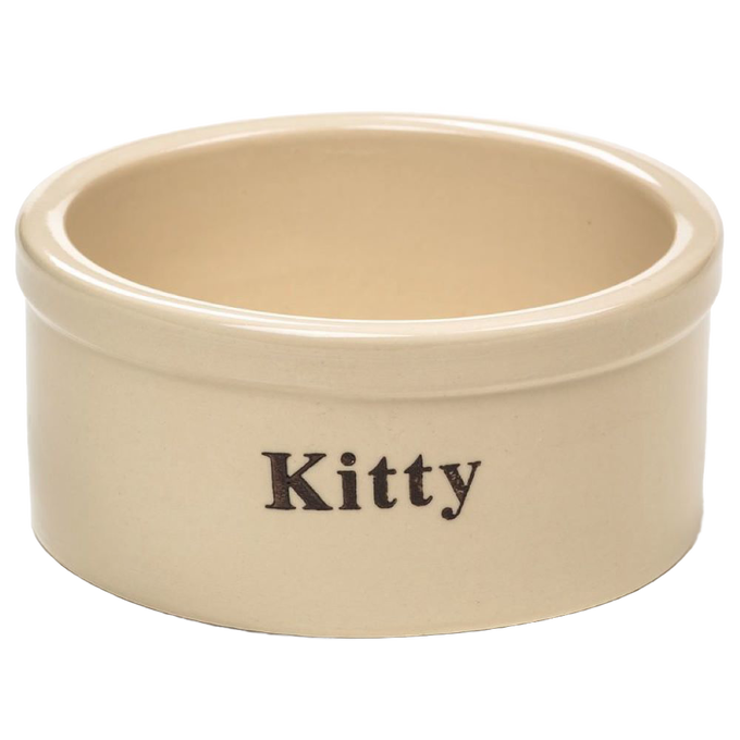 Small handcrafted natural stone-colored stoneware pet bowl with glossy lead-free glaze, marked "Kitty," perfect for Home & Decor, Pet Supplies, USA Made, and Best Sellers collections.