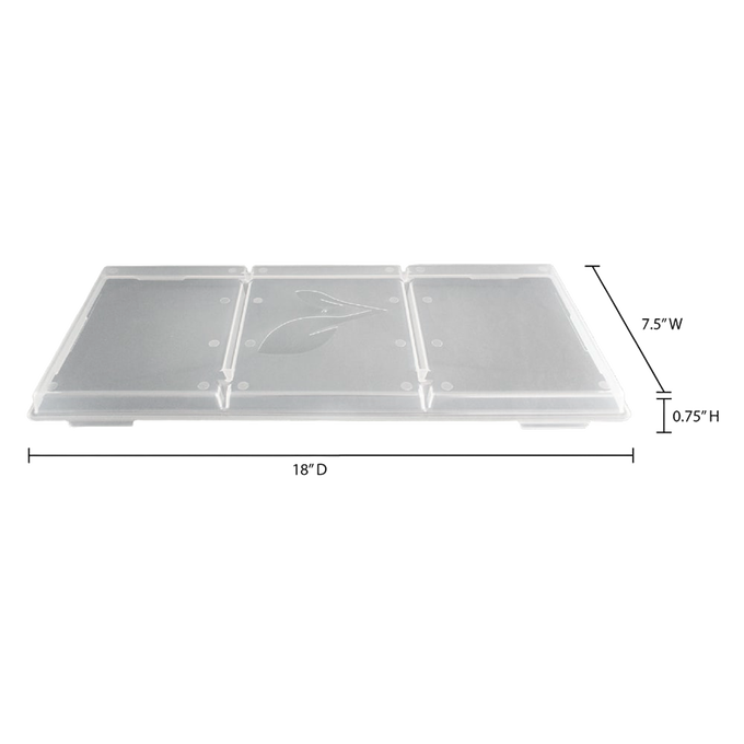 Clear plastic tray lid with three sections and subtle leaf design, shown with precise measurements, ideal for stacking and covering food in food preservation and drying.