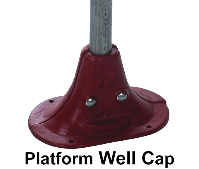 Handcrafted platform well cap in red cast iron with a galvanized pipe attachment, designed for durable use in Amish farming, yard water systems, USA Made water pumps, and deep well appliances collections.