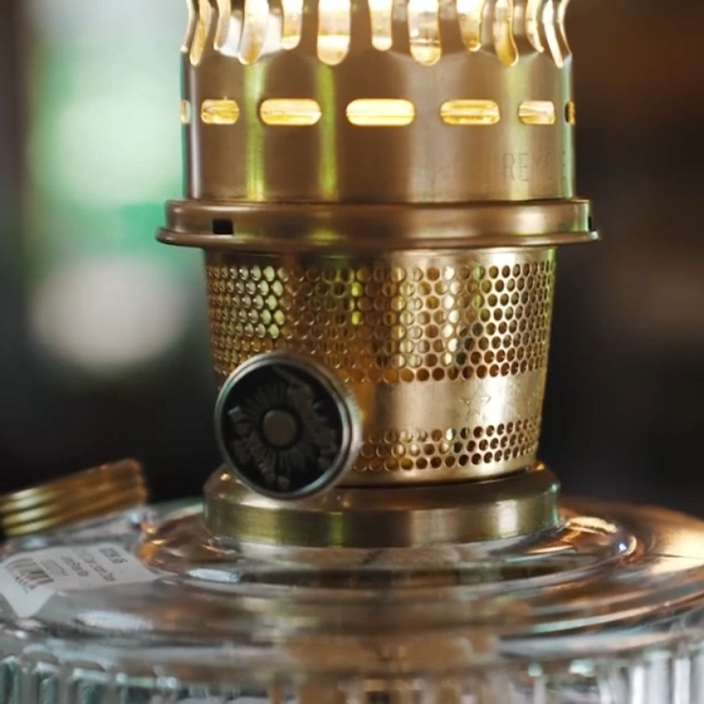 Close-up of the brass burner and wick adjuster on a handcrafted oil lamp with vintage-inspired details, featured in Lamps & Lighting, Oil Lamps, and Table Lamps collections.