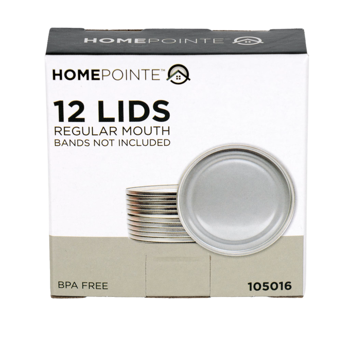 Box of twelve silver-toned regular-mouth canning jar lids with BPA-free sealing compound, designed for Kitchen & Food, Food Preservation, and Canning collections.