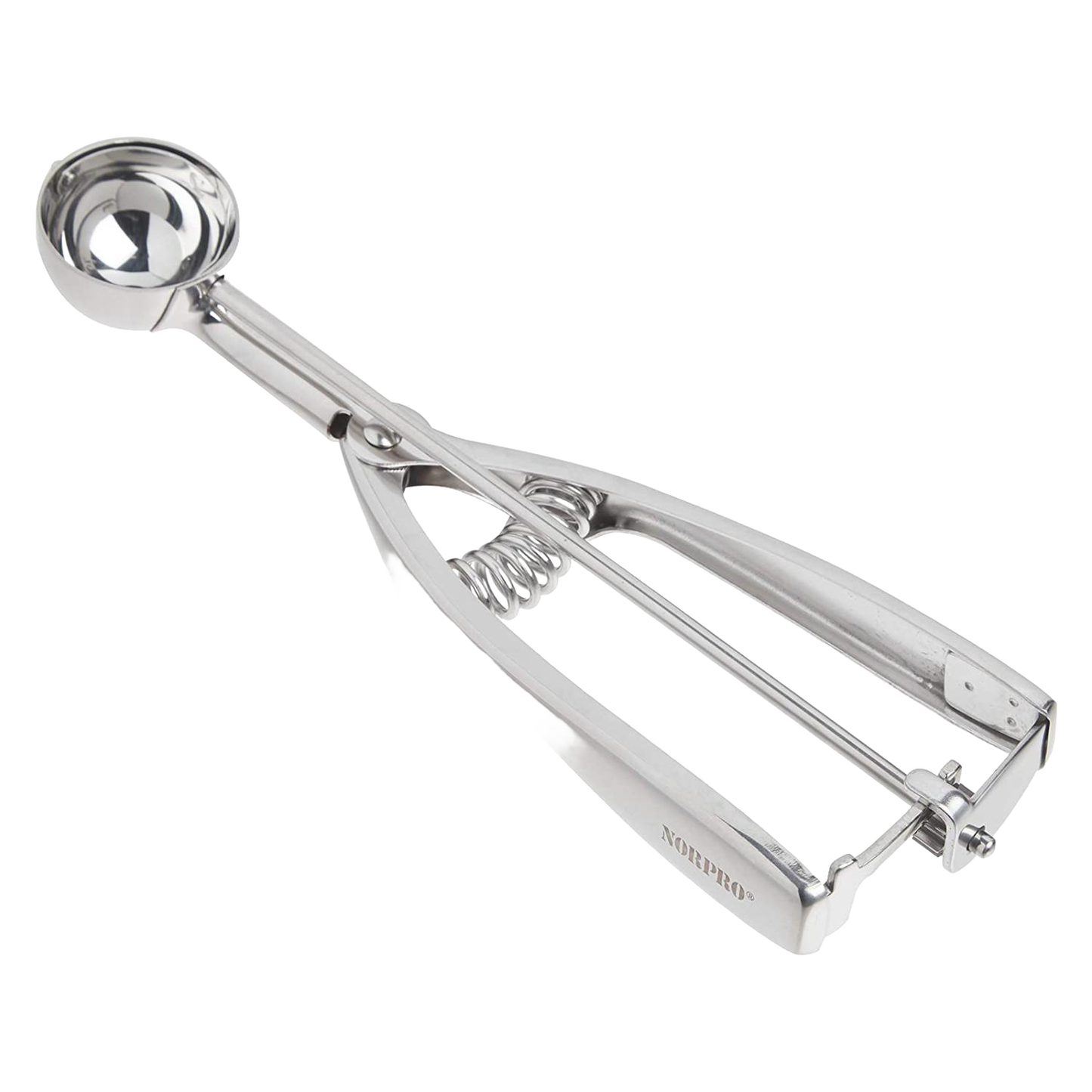 Handcrafted stainless steel scoop with spring release handle designed for uniform cookie dough or melon balls, ideal for Kitchen & Food, Cookware, Baking Supplies, Kitchen Gadgets, and Best Sellers collections.