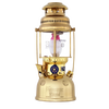 Vintage-style brass kerosene pressure lamp with glass globe and fabric mantle, designed for reliable bright light in camping, emergency supplies, and outdoor collections.