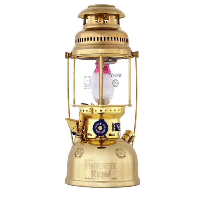 Vintage-style brass kerosene pressure lamp with glass globe and fabric mantle, designed for reliable bright light in camping, emergency supplies, and outdoor collections.