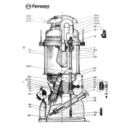 Technical line drawing of a Petromax pressure lamp showing detailed internal components labeled with arrows, ideal for Lamps & Lighting, Parts and Accessories, Other Parts, Best Sellers, Promo Eligible collections.