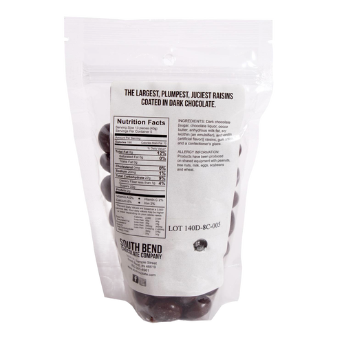 Back of resealable package showing nutrition facts, ingredients, and allergy information for handcrafted chocolate covered raisins made in USA, part of Kitchen & Food, Snacks and Sweets, Candy, USA Made, Best Sellers, and Promo Eligible collections.