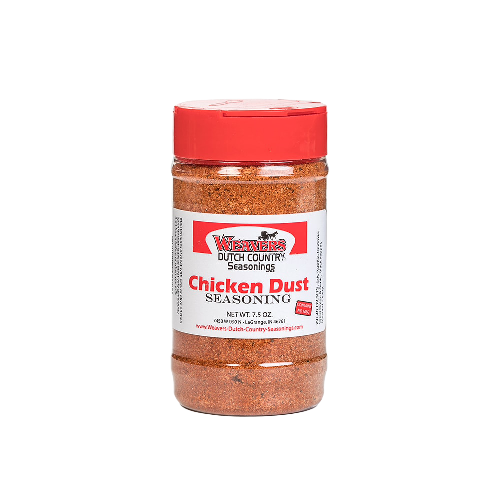 Clear plastic shaker bottle with red lid containing seasoned chicken dust, handcrafted in USA and ideal for Kitchen & Food, Food, Pantry, Best Sellers, and Promo Eligible collections.