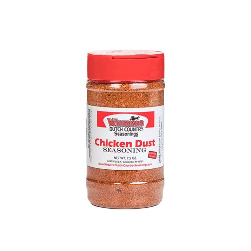 Clear plastic shaker bottle with red lid containing seasoned chicken dust, handcrafted in USA and ideal for Kitchen & Food, Food, Pantry, Best Sellers, and Promo Eligible collections.