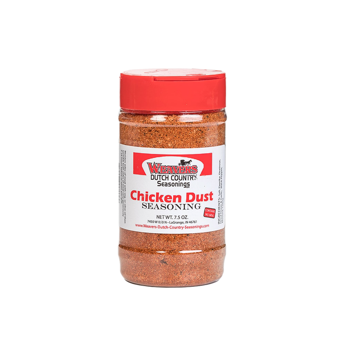 Clear plastic shaker bottle with red lid containing seasoned chicken dust, handcrafted in USA and ideal for Kitchen & Food, Food, Pantry, Best Sellers, and Promo Eligible collections.