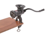 Black clamp-down meat grinder with a long hand crank attached to a wooden surface, featuring a tough Xylon coating and FDA-approved finish, ideal for Kitchen & Food, Specialty Equipment, Butchering Supplies, USA Made, Best Sellers, and Promo Eligible collections.