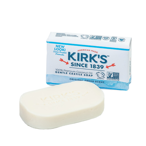 Bar of gentle castile soap made with premium coconut oil placed in front of its white and blue American made packaging, ideal for Health & Wellness, Grooming and Personal Hygiene, Soaps, USA Made, and Best Sellers collections.