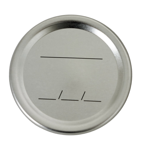Silver-toned metal lid designed for regular-mouth canning jars with black lines for date and content labeling, featuring BPA-free sealing compound, ideal for Kitchen & Food and Food Preservation use.