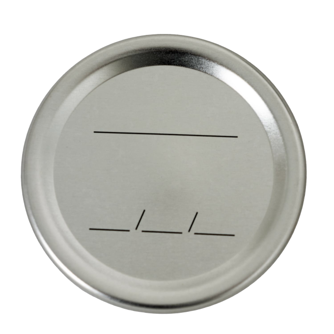 Silver-toned metal lid designed for regular-mouth canning jars with black lines for date and content labeling, featuring BPA-free sealing compound, ideal for Kitchen & Food and Food Preservation use.
