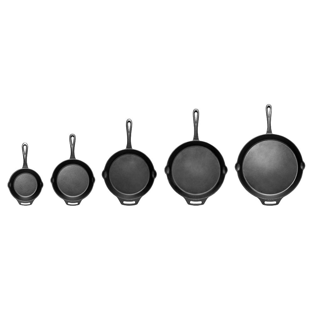 Set of five cast iron pans in graduated sizes with long handles and helper grips, designed for versatile cooking in Farm, Garden & Tool, Kitchen & Food, Camping, Cookware, Cast Iron, Best Sellers, and Promo Eligible collections.
