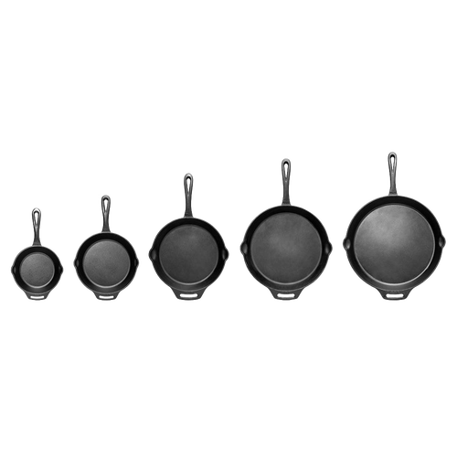 Set of five cast iron pans in graduated sizes with long handles and helper grips, designed for versatile cooking in Farm, Garden & Tool, Kitchen & Food, Camping, Cookware, Cast Iron, Best Sellers, and Promo Eligible collections.
