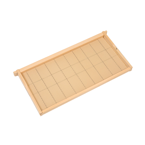 Handcrafted deep wooden bee frame featuring wired natural beeswax foundation, Amish made in USA, ideal for 5, 8, and 10-frame hives in beekeeping supplies collections.