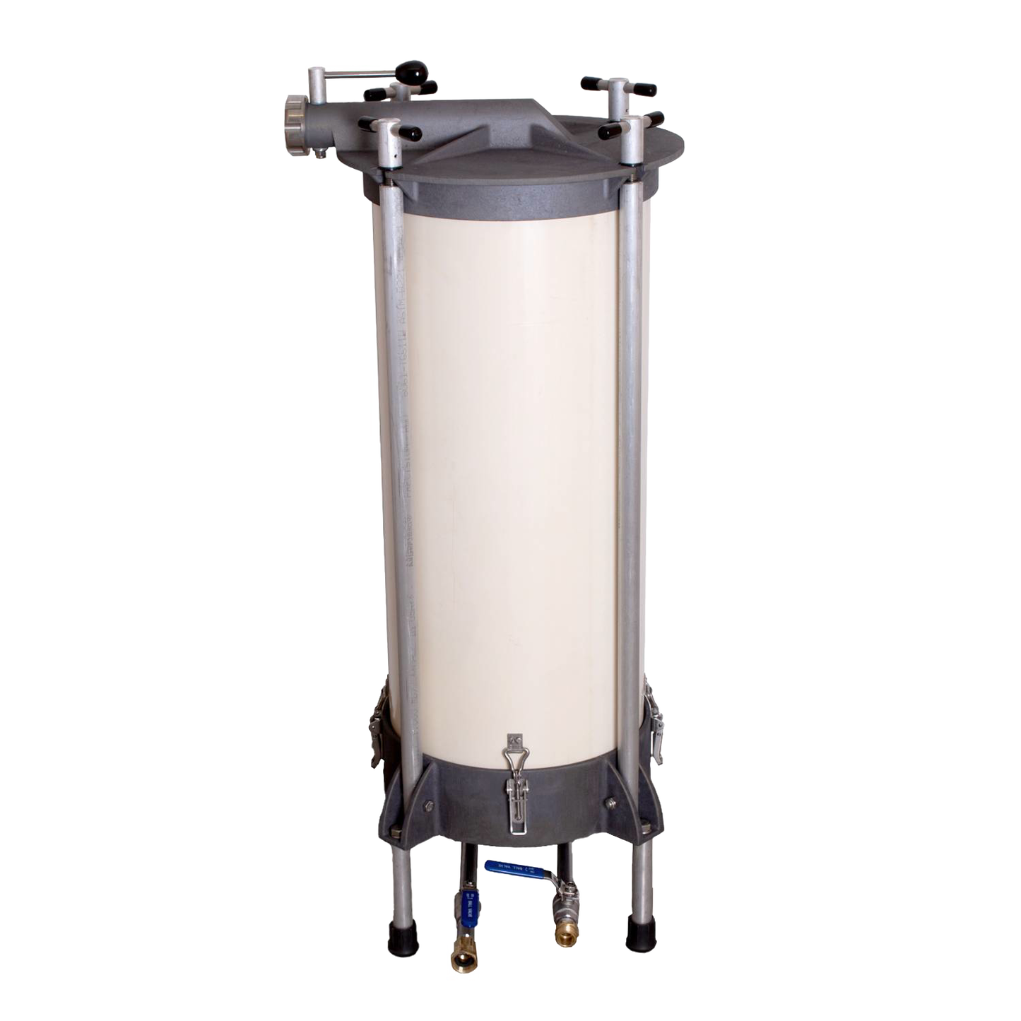 Freestanding high-capacity water-powered sausage stuffer with durable cylindrical chamber and metal frame, handcrafted and Amish made, suitable for Kitchen & Food, Butchering Supplies, and USA Made collections.