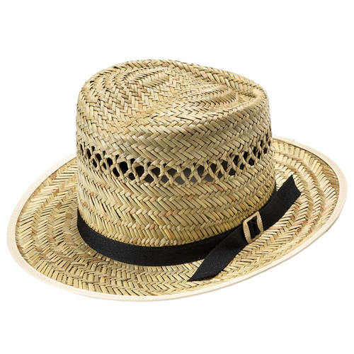 Handcrafted vented straw hat with woven natural fibers, featuring a 3-inch brim and black ribbon accent, made in USA and Amish made, ideal for garden and outdoor wear.