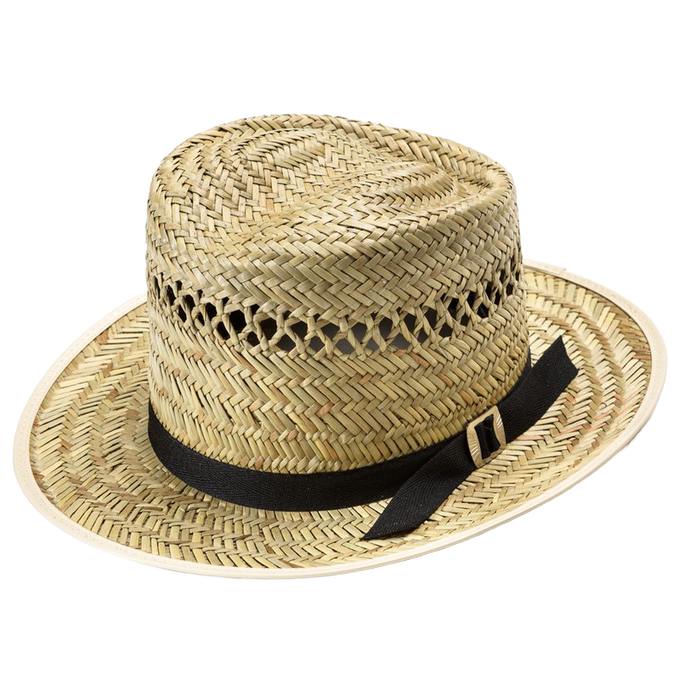Handcrafted vented straw hat with woven natural fibers, featuring a 3-inch brim and black ribbon accent, made in USA and Amish made, ideal for garden and outdoor wear.