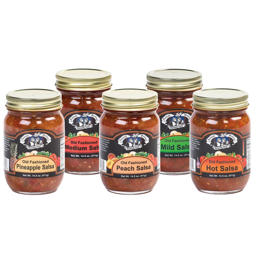 Five glass jars of handcrafted Amish-style kettle-cooked salsa in pineapple, medium, peach, mild, and hot varieties with naturally thick, chunky texture, made in USA, perfect for Kitchen & Food, Snacks and Sweets, Pantry, USA Made, Best Sellers, and Promo Eligible collections.