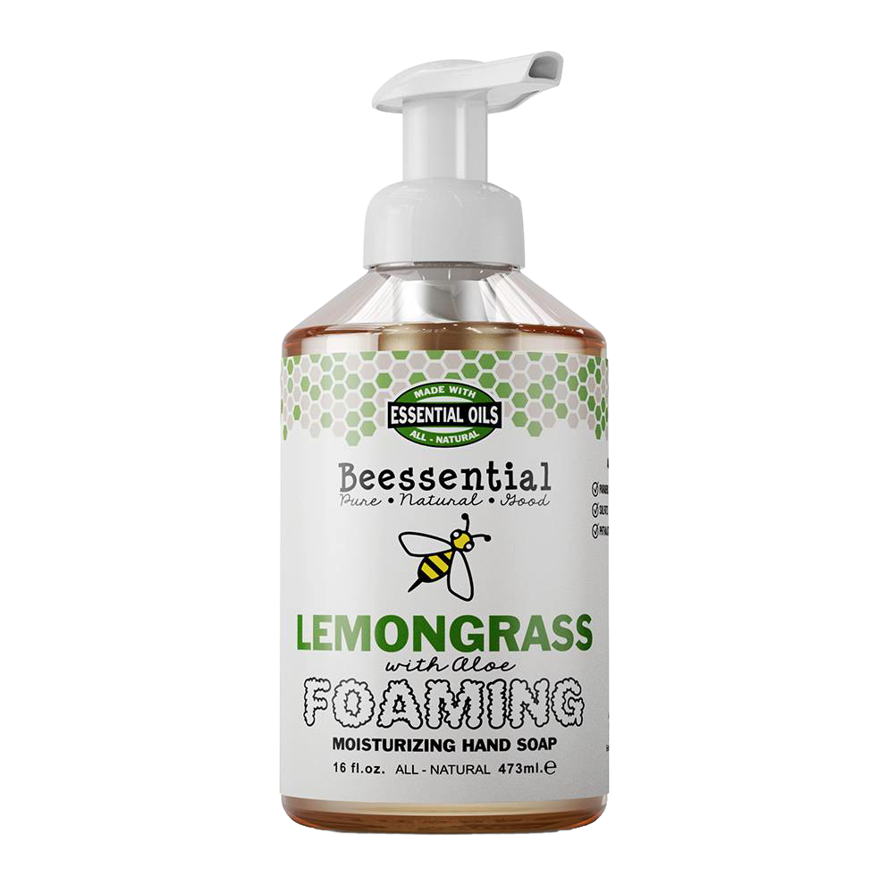 Clear pump bottle of handcrafted natural foaming hand soap in lemongrass and aloe scent, made in USA, perfect for Health & Wellness, Soaps, USA Made, and Best Sellers collections.