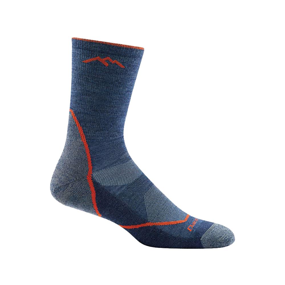 Men's breathable micro crew sock in deep blue with orange accents, featuring mesh ventilation and smooth ribbing for comfort and durability, ideal for camping, health & wellness, and outdoor clothing collections.