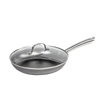 Handcrafted nitrogen-hardened cast iron skillet with a smooth stainless steel handle and clear glass lid, ideal for Kitchen & Food, Cookware, Cast Iron, Best Sellers, and Sale collections.