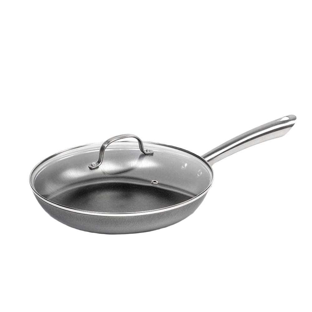 Handcrafted nitrogen-hardened cast iron skillet with a smooth stainless steel handle and clear glass lid, ideal for Kitchen & Food, Cookware, Cast Iron, Best Sellers, and Sale collections.