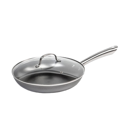Handcrafted nitrogen-hardened cast iron skillet with a smooth stainless steel handle and clear glass lid, ideal for Kitchen & Food, Cookware, Cast Iron, Best Sellers, and Sale collections.