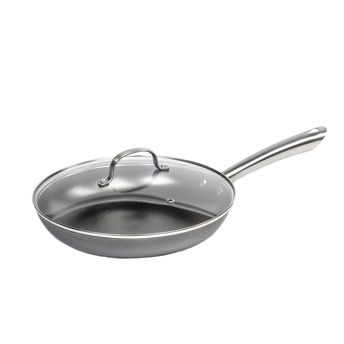 Handcrafted nitrogen-hardened cast iron skillet with a smooth stainless steel handle and clear glass lid, ideal for Kitchen & Food, Cookware, Cast Iron, Best Sellers, and Sale collections.