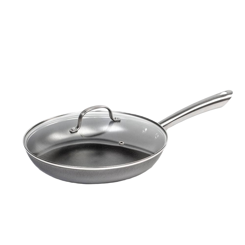 Handcrafted nitrogen-hardened cast iron skillet with a smooth stainless steel handle and clear glass lid, ideal for Kitchen & Food, Cookware, Cast Iron, Best Sellers, and Sale collections.