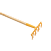 Child-sized durable gardening rake with a wooden handle and yellow metal head, designed for real outdoor use by children aged 6 and up, ideal for children's toys and outdoor play collections.