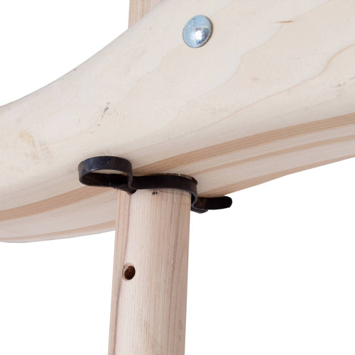 Close-up of a handcrafted unfinished wooden double ox yoke joint secured with sturdy metal hardware, showcasing Amish-made craftsmanship, ideal for Farm, Garden & Tool, Farm Tools, Best Sellers, and Promo Eligible collections.