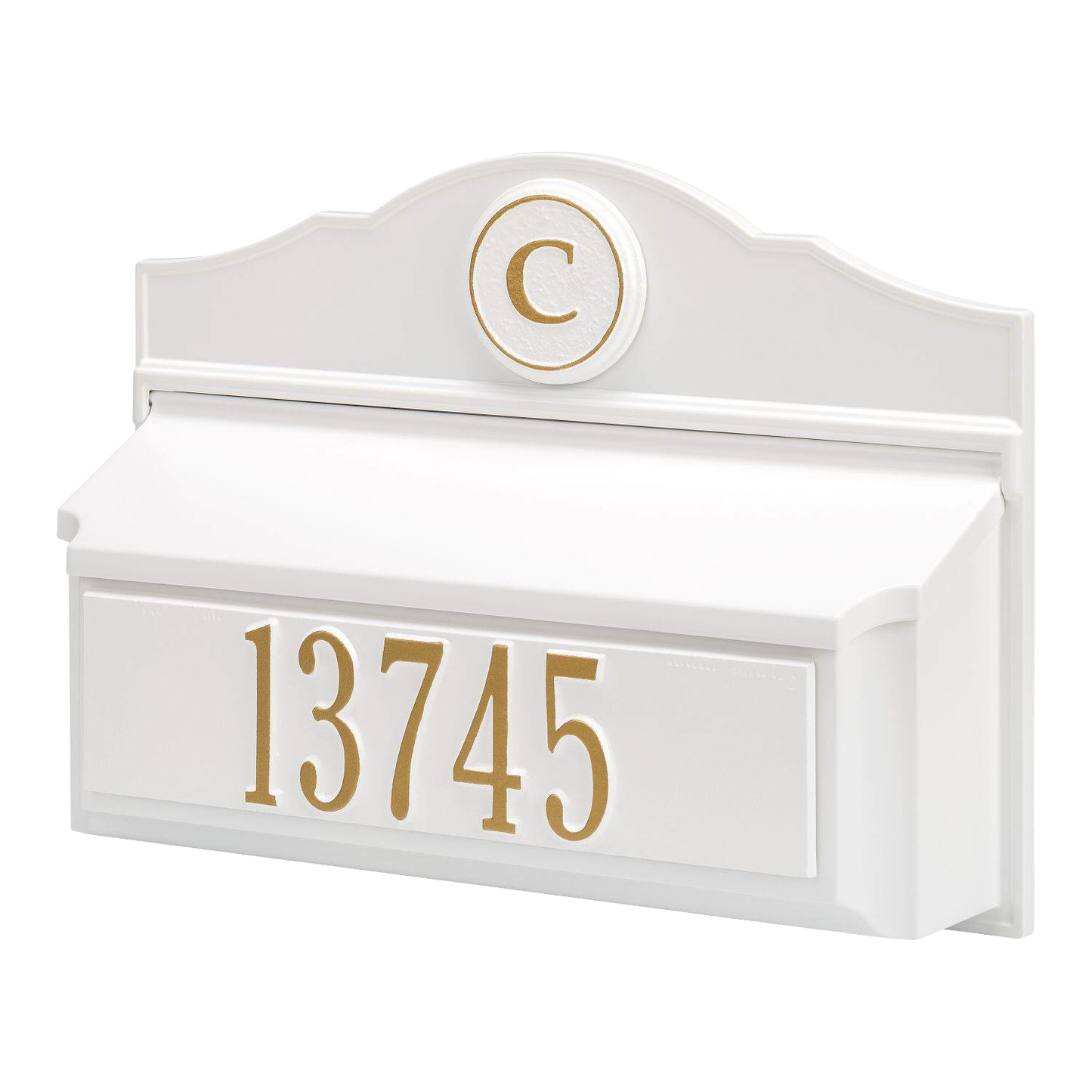 Custom handcrafted white wall mount mailbox with gold embossed house number and monogram, made in USA, enhancing curb appeal in Home & Decor and Mailboxes collections.