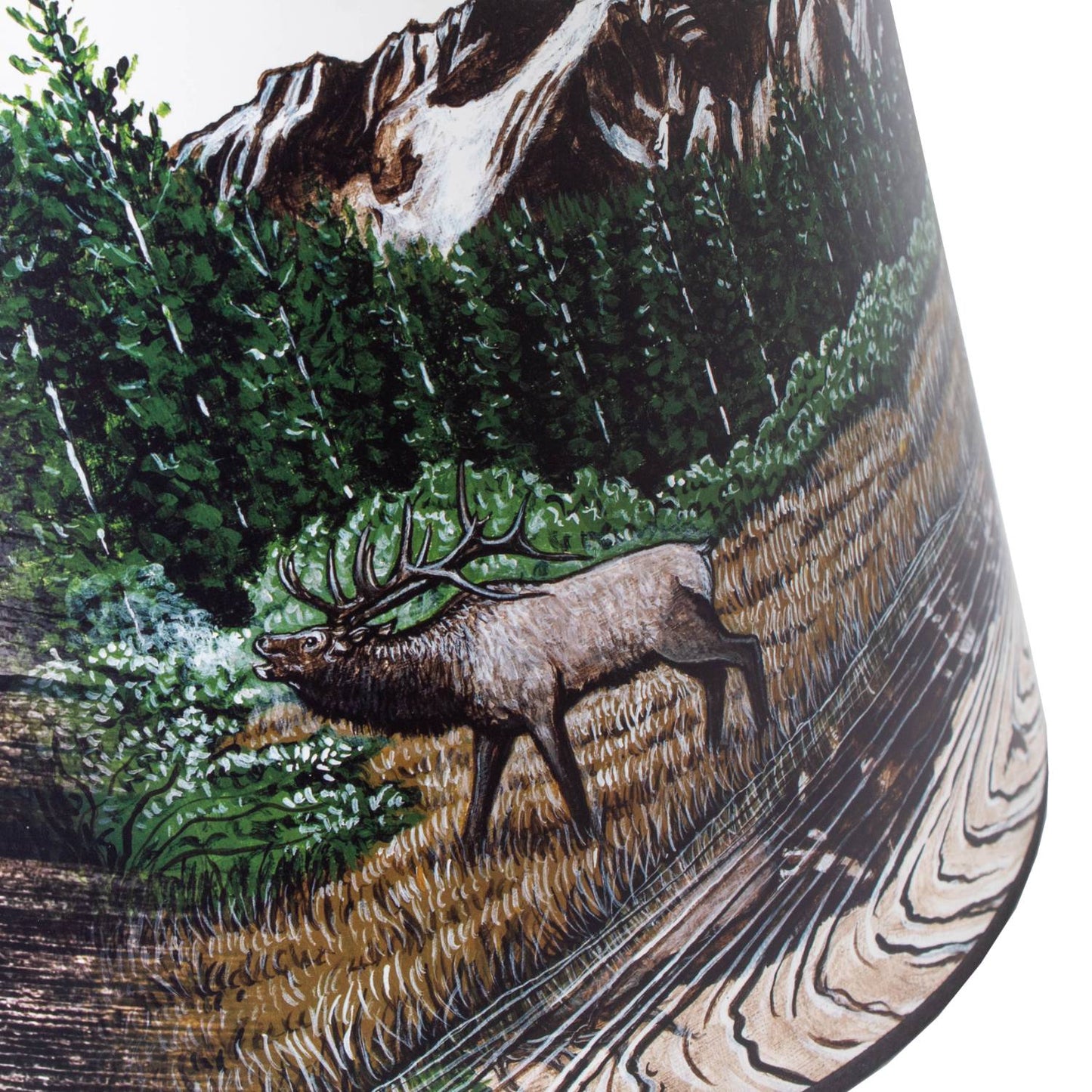 Handcrafted parchment oil lamp shade featuring a detailed Rocky Mountain wildlife scene with a bull elk amid pine trees and mountainous terrain, perfect for Lamps & Lighting, Parts and Accessories, Lamp Shades, and Best Sellers collections.