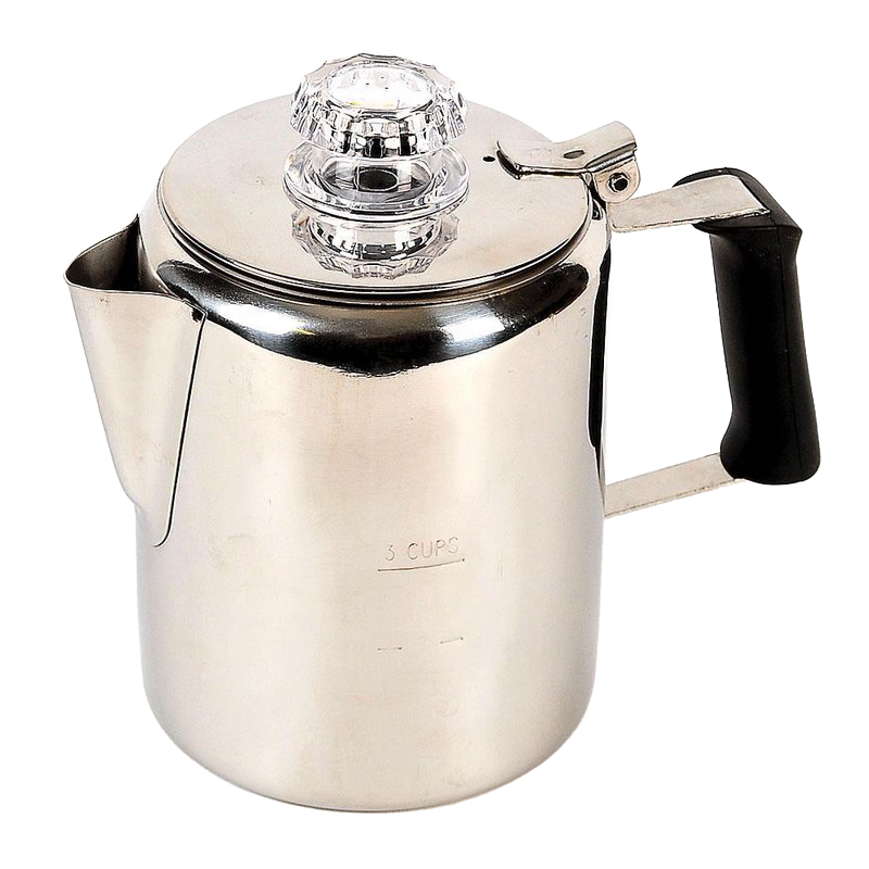 Polished stainless steel coffee percolator with stay-cool black silicone handle and clear plastic top, designed for brewing fresh coffee in Kitchen & Food, Brewing Coffee and Tea, Best Sellers, Promo Eligible collections.