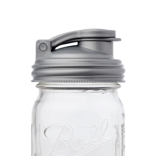 Gray no-break plastic pour lid with hinged flip-top spout and carry loop, designed to fit regular-mouth jars, made in the USA, ideal for Kitchen & Food, Dinnerware, Kitchen Gadgets, Kitchen Accessories, and Best Sellers collections.
