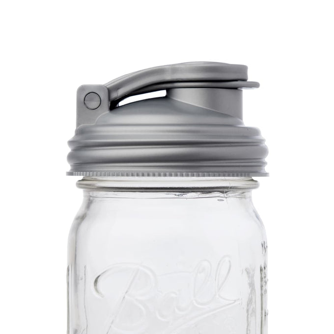 Gray no-break plastic pour lid with hinged flip-top spout and carry loop, designed to fit regular-mouth jars, made in the USA, ideal for Kitchen & Food, Dinnerware, Kitchen Gadgets, Kitchen Accessories, and Best Sellers collections.