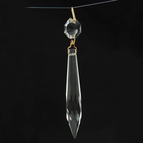 Clear glass pendant prism with faceted octagon and elongated teardrop shapes, featuring a polished brass pin, ideal for lamps and lighting accessories and best sellers collection.
