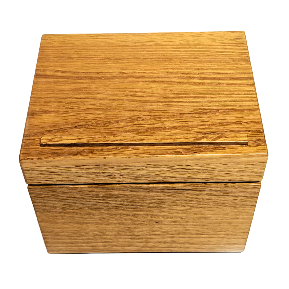 Handcrafted solid oak recipe box with a smooth protective finish and recessed hinges, made in USA for Kitchen & Food, Storage and Serving, Baking Supplies, and Best Sellers collections.